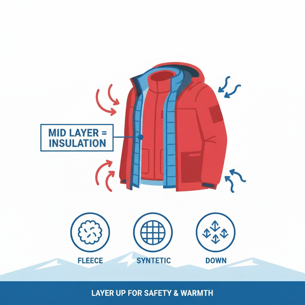 Mid layer materials, Fleece, Synthetic, Down